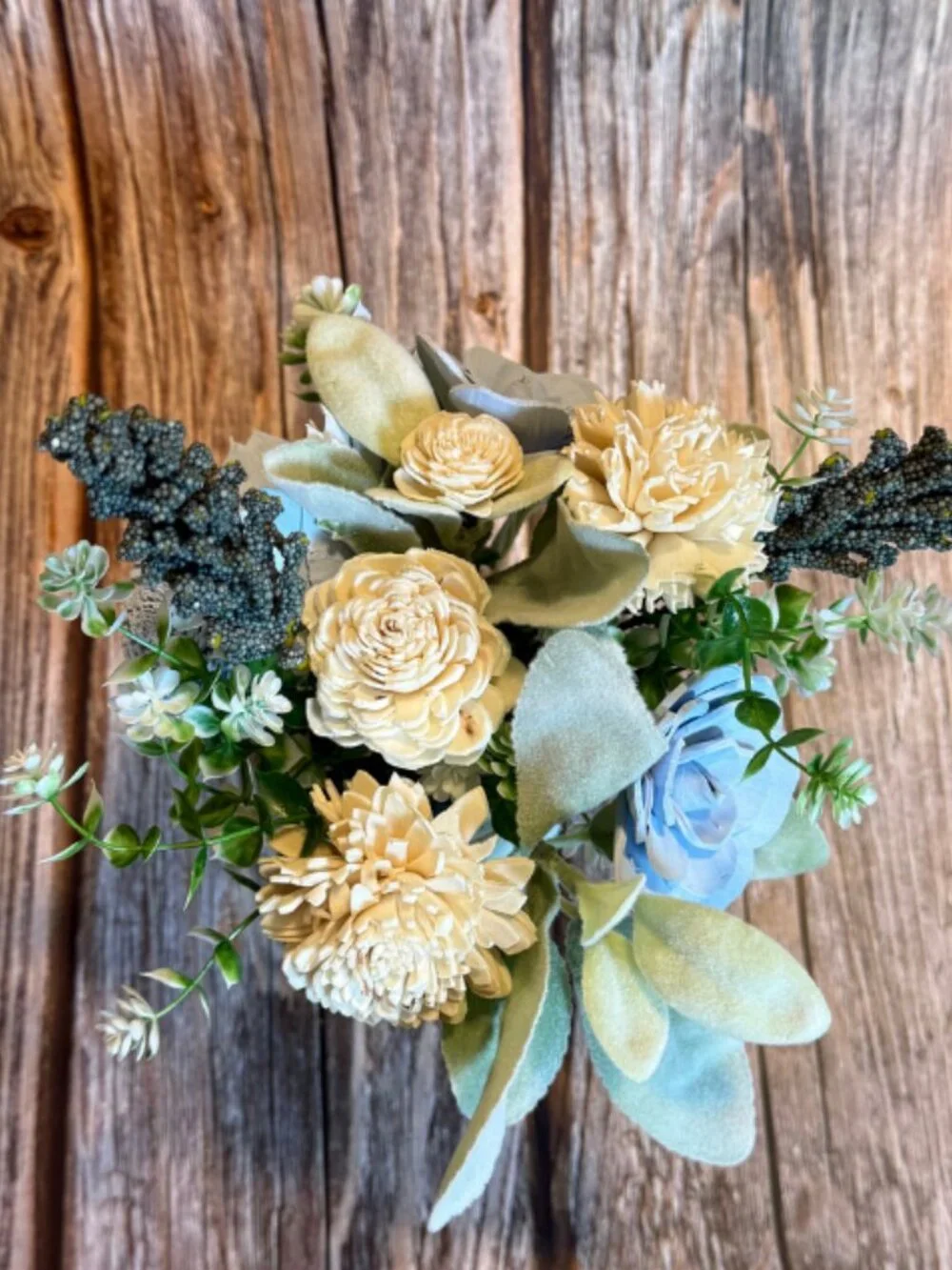 Blue Cream Sola Wood Floral Arrangement Mason Jar Baby Boy Shower Nursery Decor